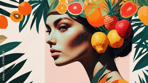 A digital illustration featuring a stylized woman s profile embellished with a crown of colorful fruits and foliage