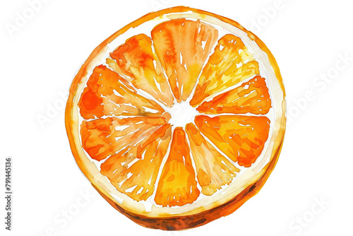 Watercolor illustration of a vibrant orange slice, its juicy texture vividly portrayed
