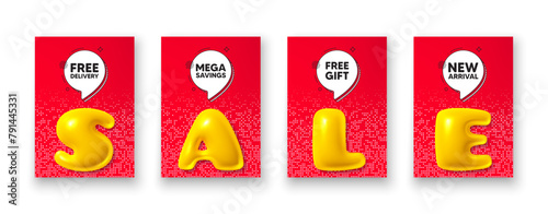 Poster templates with 3d sale text. Free delivery tag. Shipping and cargo service message. Business order icon. Free delivery poster frame message. Offer chat bubbles. Text speech balloon. Vector