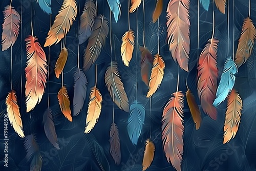 Seamless pattern hanging fall feathers for the living wall. 3D abstraction interior mural wallpaper for wall art leonardo, Generative AI