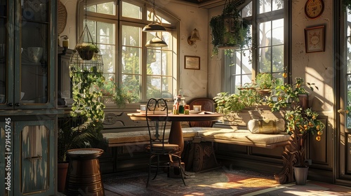 A charming breakfast nook bathed in morning sunlight, with a cozy banquette and bistro-style table set against a backdrop of windows overlooking a tranquil garden, offering a perfect spot  photo