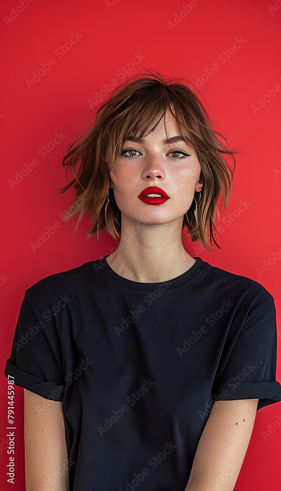 Female Model With Black T-Shirt and Red Background. Generated Image. A digital rendering of a woman with a black t-shirt and a red background in a studio photo. Female Model With Black T-Shirt and Red Background. Generated Image. A digital rendering of a woman with a black t-shirt and a red background in a studio photo.