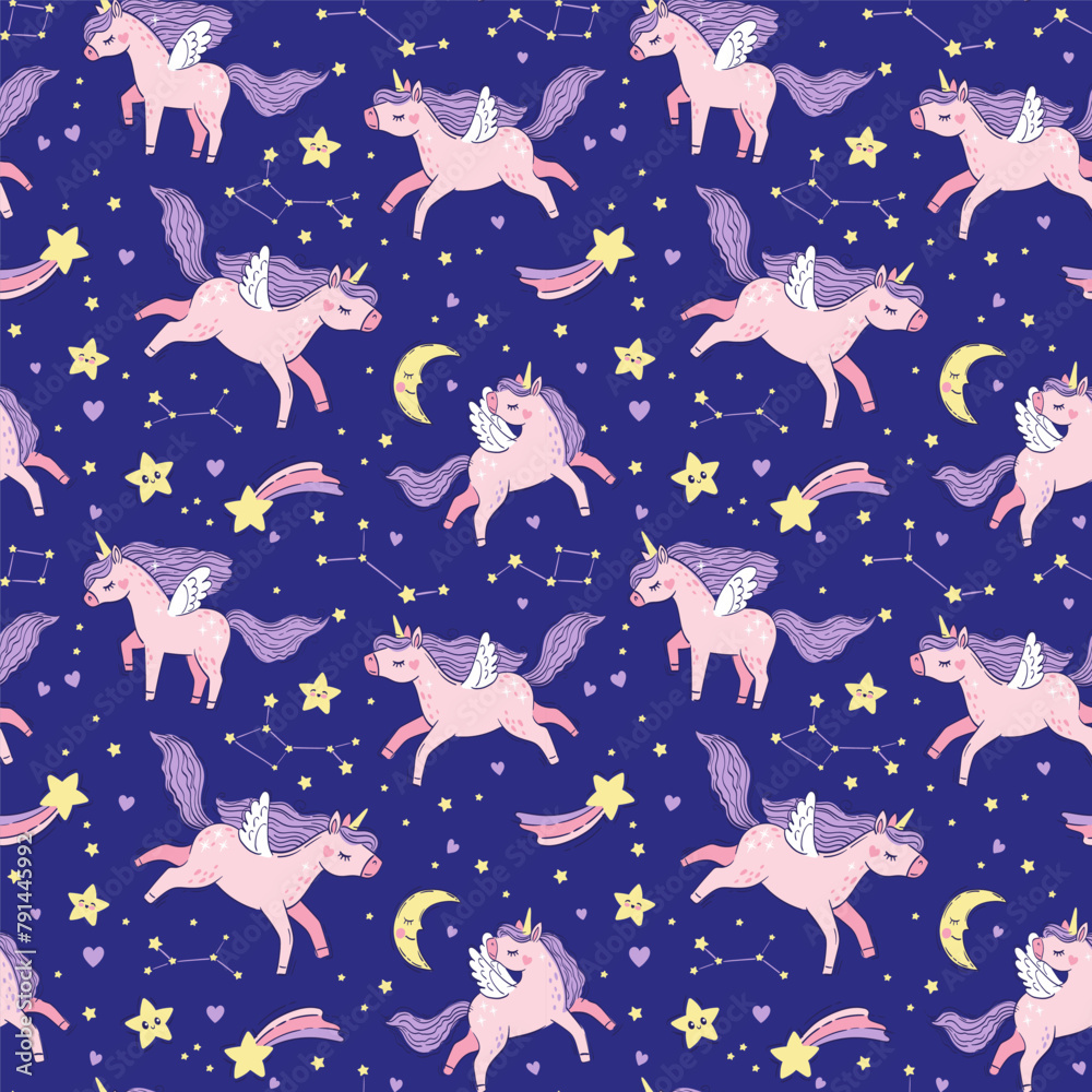 Vector seamless pattern of pink magical unicorns on the starry sky. Hand drawn illustration of an unicorns, a constellation, and crescent moon on dark blue background. Print on children's fabric