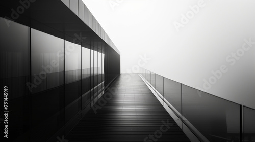 Foto in bianco e nero. Tranquillità. Nebbia ed edificio moderno. Composizione. photo