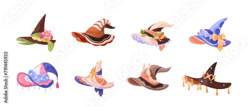 Different magic pointed hats set. Various cute decorated witch caps with wings, stars, flowers. Fairy accessory of wizard Halloween party costume. Flat isolated vector illustration on white background