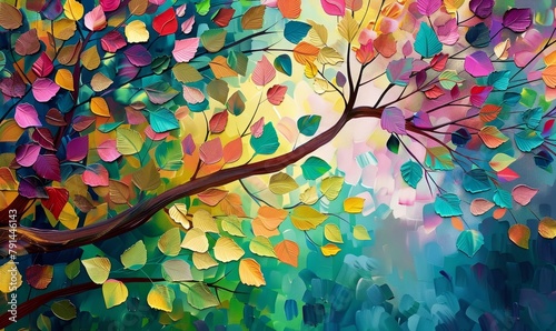elegant colorful tree with vibrant leaves hanging branches bright color 3d abstraction wallpaper for interior mural painting wall, Generative AI