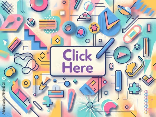 Colorful abstract background with various shapes and digital elements surrounding a central 'Click Here' button.