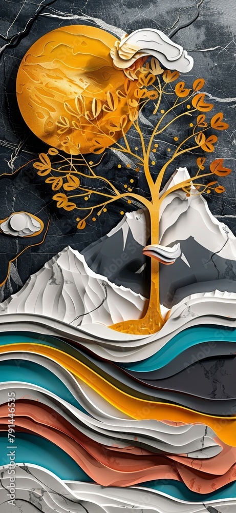 3d modern art mural wallpaper with Drawing modern Landscape art 3d mural wallpaper. leaves tree, golden lines, dark Gray sun and mountain, colorful marble background, Generative AI