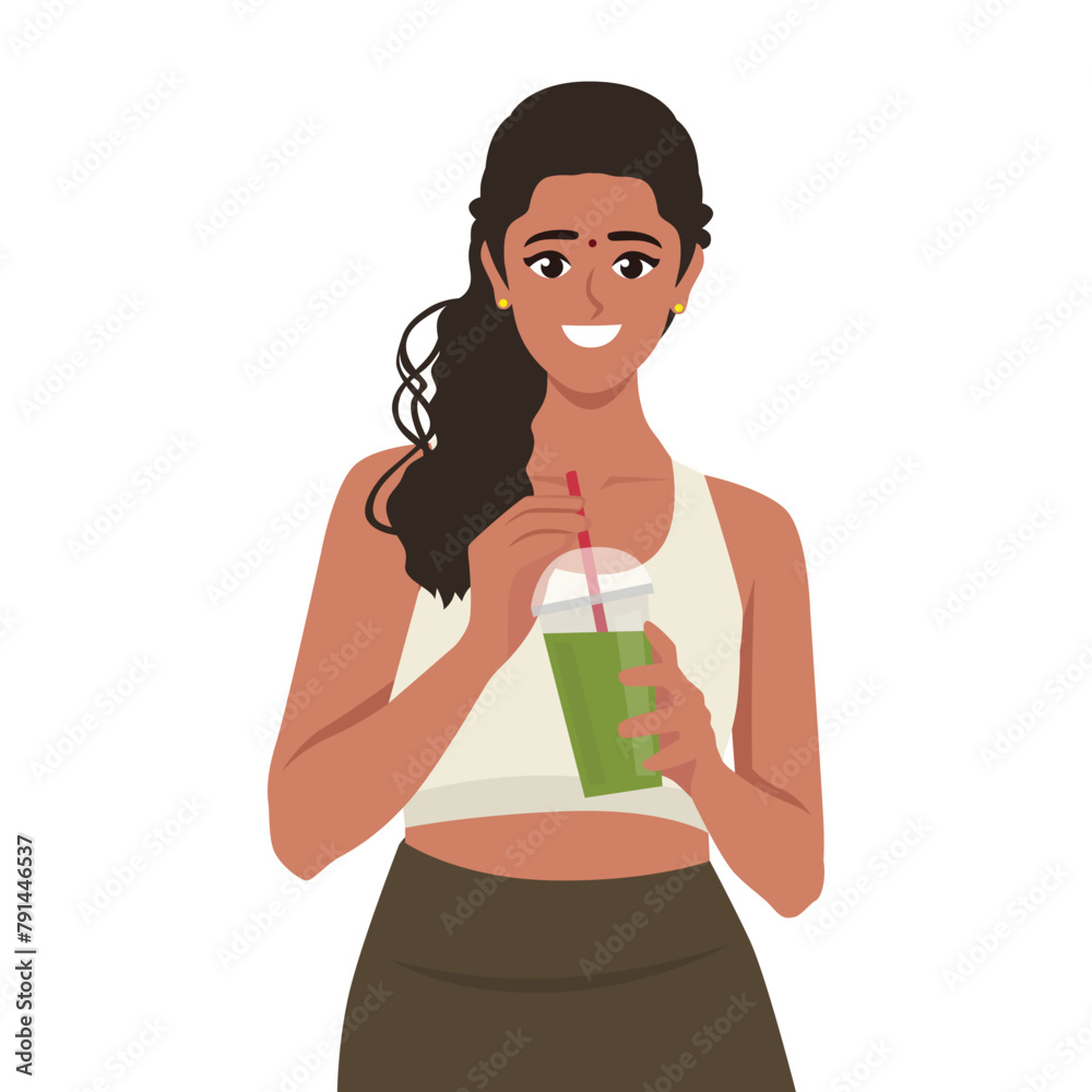Beautiful Smiling Woman Drinking Green Detox Vegetable Smoothie. Wearing sports wear. Flat vector illustration isolated on white background Beautiful Smiling Woman Drinking Green Detox Vegetable Smoothie. Wearing sports wear. Flat vector illustration isolated on white background