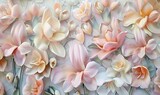 A close-up of a 3D floral wall mural capturing the delicate beauty of blooming freesias in soft pastel tones, Generative AI