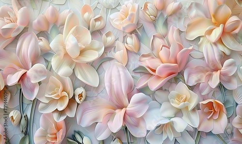 A close-up of a 3D floral wall mural capturing the delicate beauty of blooming freesias in soft pastel tones  Generative AI