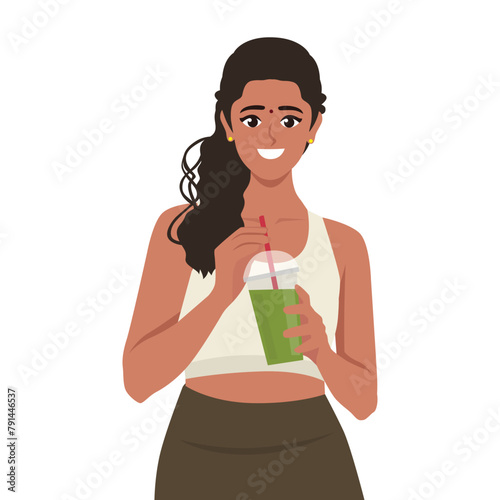 Beautiful Smiling Woman Drinking Green Detox Vegetable Smoothie. Wearing sports wear. Flat vector illustration isolated on white background