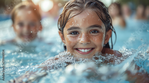 Portrait of happy little girl in swimming pool at hot summer day