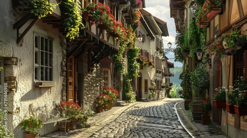 A charming cobblestone alleyway winding through a historic European village, its quaint architecture and flower-bedecked balconies evoking the timeless allure of a bygone era, 