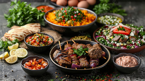 Middle eastern or arabic dishes and assorted meze  concrete rustic background  Meat kebab  falafel  baba ghanoush  muhammara  hummus  sambusak  rice  tahini  kibbeh  pita  Halal food  Lebanese cuisine