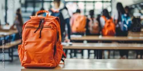 A vivid orange backpack stands out on a table in a busy school cafeteria, signaling the start of a school day. photo