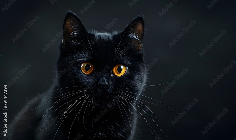 Black cat with yellow eyes on black background, Generative AI 