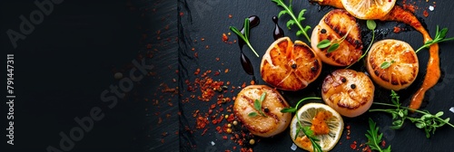 Detailed view of seared scallops, decorated with greens, spices and balsamic vinegar on dark background photo