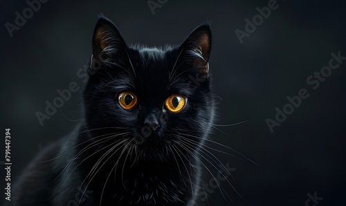 Black cat with yellow eyes on black background  Generative AI 