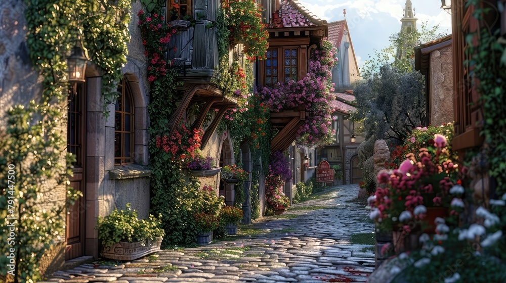 A charming cobblestone alleyway winding through a historic European village, its quaint architecture and flower-bedecked balconies evoking the timeless allure of a bygone era, 