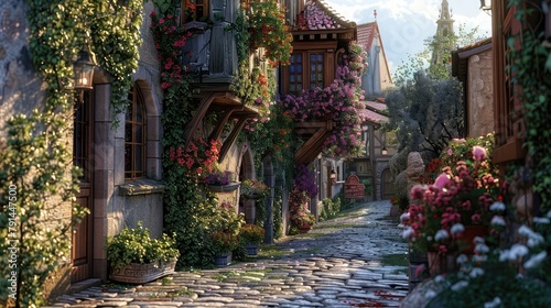 A charming cobblestone alleyway winding through a historic European village  its quaint architecture and flower-bedecked balconies evoking the timeless allure of a bygone era  