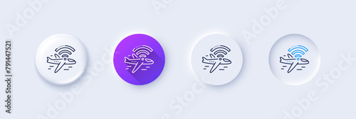 Airplane wifi line icon. Neumorphic, Purple gradient, 3d pin buttons. Aircraft wi-fi sign. Inflight internet symbol. Line icons. Neumorphic buttons with outline signs. Vector