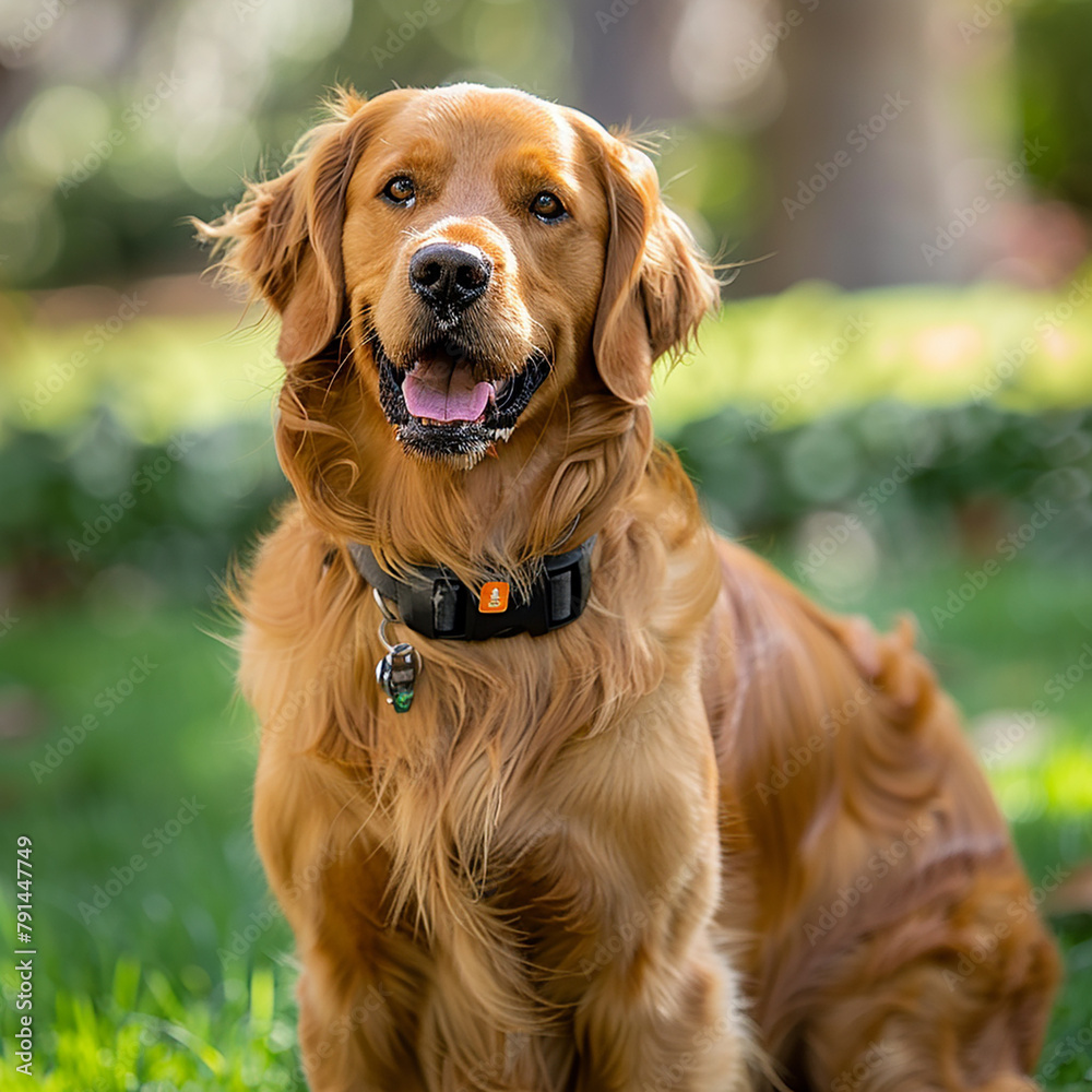 A brown dog with a collar on its neck is sitting in a grassy area