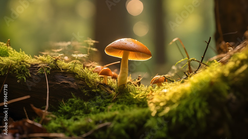 A Boletus edulis mushroom with a large brown cap nestles in vibrant green moss, bathed in soft sunlight photo
