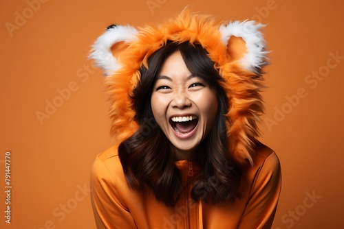 excited asian woman in tiger costume laughing at camera isolated on orange