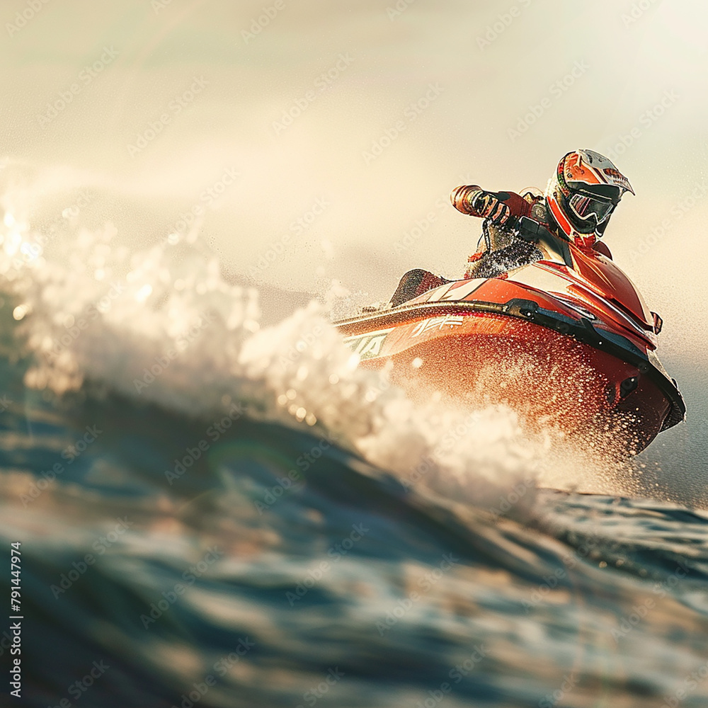 Fototapeta premium A man is riding a red water jet ski on a wave