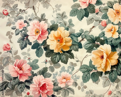 Charming vintage wallpaper designed with a fantasy floral bunch, blending summer flowers into a timeless botanical motif