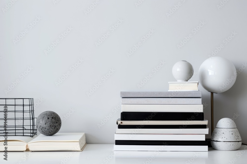 Stack of books and succulent plant on white desk Stack of books and succulent plant on white desk