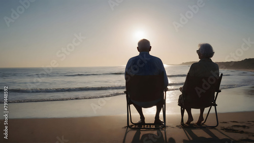 Rear view of senior couple embracing on beach on sunset © wong yu liang
