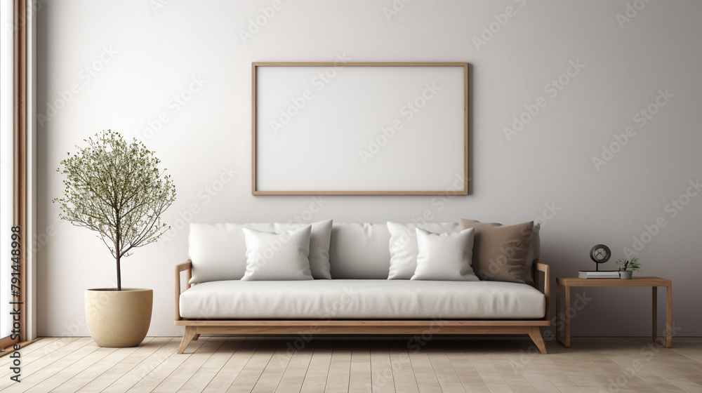 A cozy Scandinavian sofa nestled beside a sleek coffee table in a minimalist interior, with an empty wall mockup awaiting personalized artwork. A cozy Scandinavian sofa nestled beside a sleek coffee table in a minimalist interior, with an empty wall mockup awaiting personalized artwork.