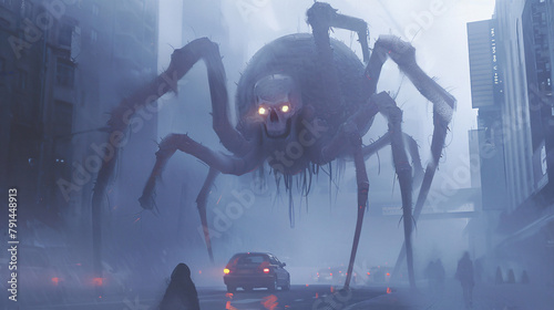 Digital painting of a giant poison skull spider walking