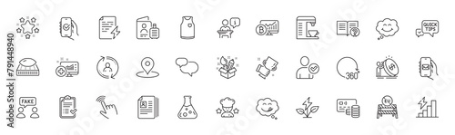 Fake information, Mail app and Medical analytics line icons. Pack of 360 degrees, Coffee machine, User info icon. Stars, Smile, Podium pictogram. Cv documents, Chemistry lab. Line icons. Vector