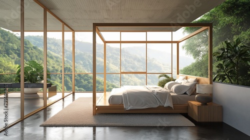 A Bedroom With A Four-Poster Canopy Bed With An Airy Window View.