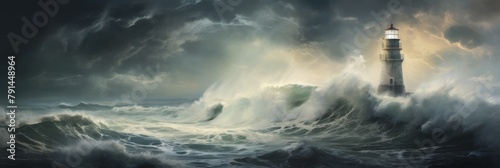 Seascape With Lighthouse In Storm And Turbulent Ocean Waves. Generative AI