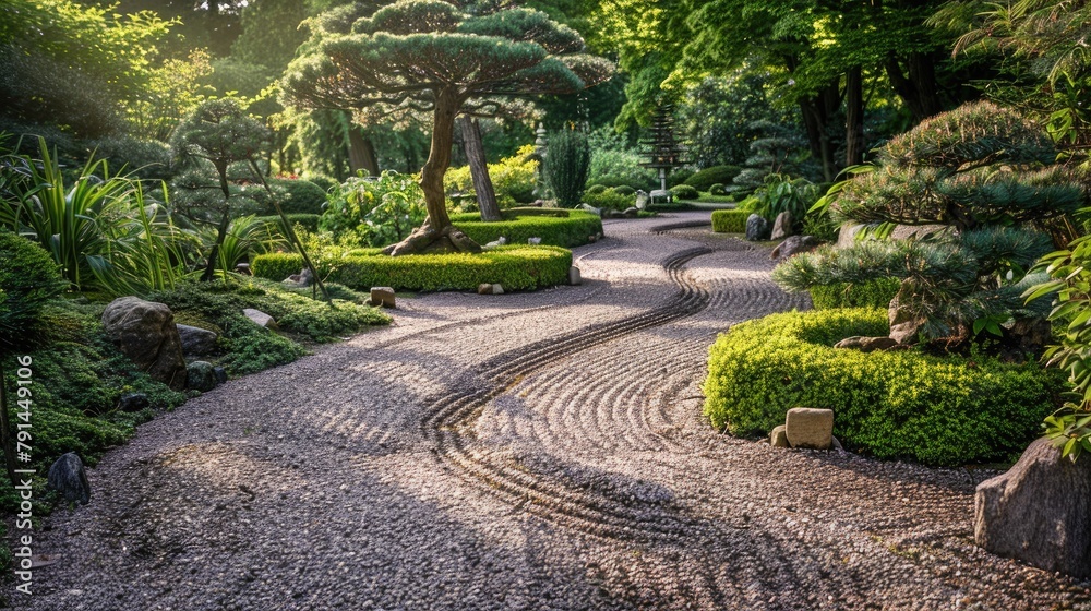 A pathway through a peaceful garden, with carefully raked gravel and bonsai trees, creating a serene and tranquil atmosphere.