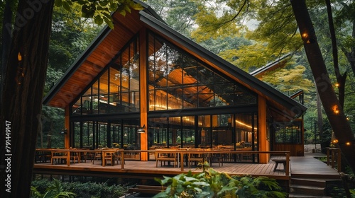 A Restaurant With A Huge Wooden Deck In The Forest.