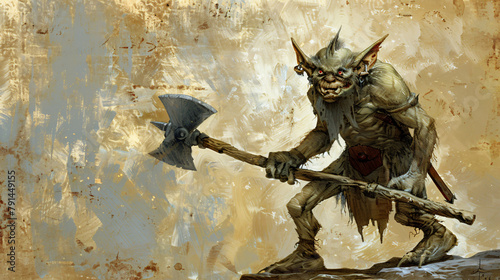 Digital painting of a primitive goblin with a war axe