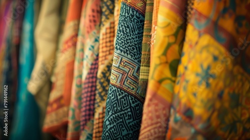 Soft blurred edges frame the patchwork of traditional textiles highlighting the unique patterns and textures as they hang in a defocused background. .