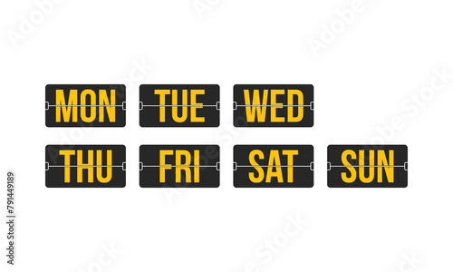 Weekday short names flip board. Retro style analog clock plates.