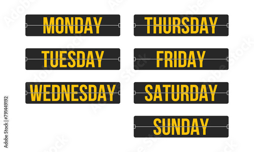 Weekday names flip board. Retro style analog clock plates. photo