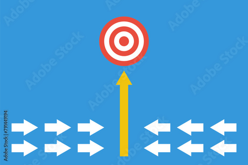 Small white and big yellow arrows. Team power business concept. Different vision. Successful startup vector illustration.