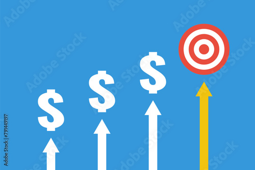 Dollars steps or stairs to goal target concept. Red dart board as final step illustration. Rising up arrows trend. Business plan for financial growth. Personal financial roadmap.