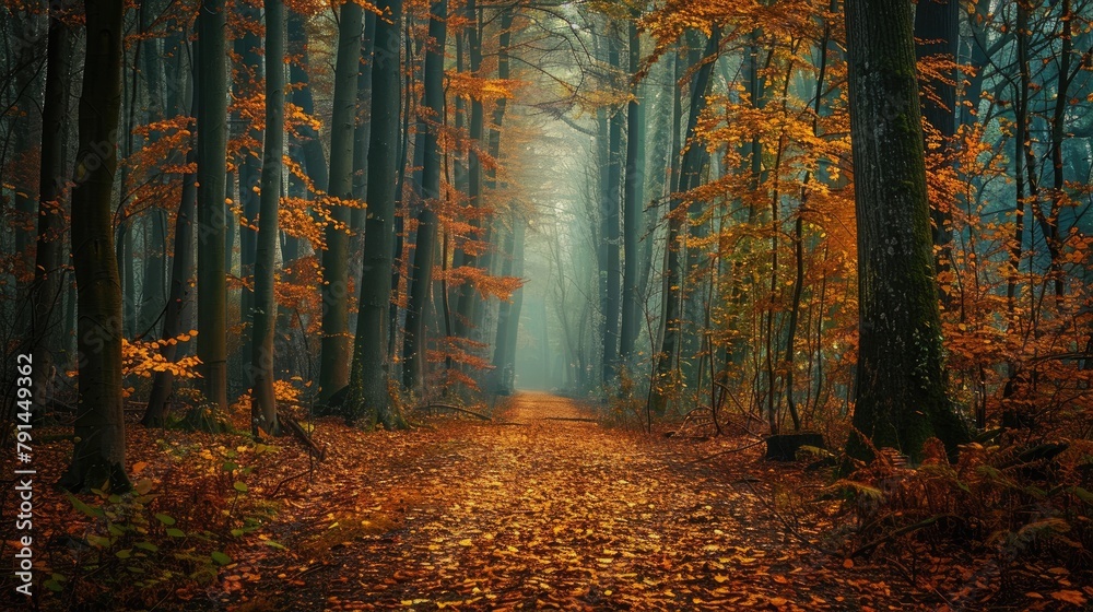 A pathway through a dense forest, with towering trees overhead and a carpet of fallen leaves underfoot, a scene of natural beauty and tranquility.