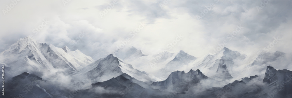 Majestic Snow Covered Mountain Peaks In Monochrome Tones. Mountain Landscape Painting. Generative AI
