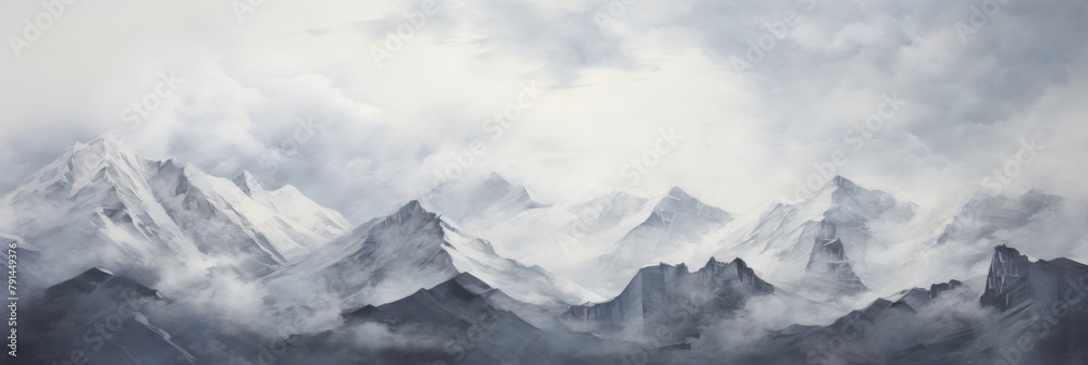 Majestic Snow Covered Mountain Peaks In Monochrome Tones. Mountain Landscape Painting. Generative AI Majestic Snow Covered Mountain Peaks In Monochrome Tones. Mountain Landscape Painting. Generative AI