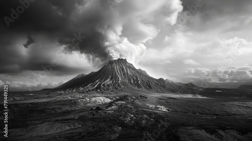 A black and white photo of a volcano, emphasizing the stark beauty and timeless power of these geological formations. photo